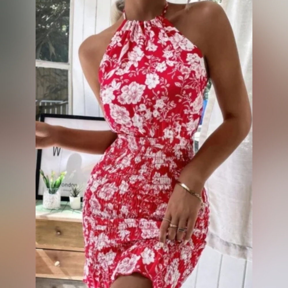 SHEIN Strapless Floral Dress - Red and White